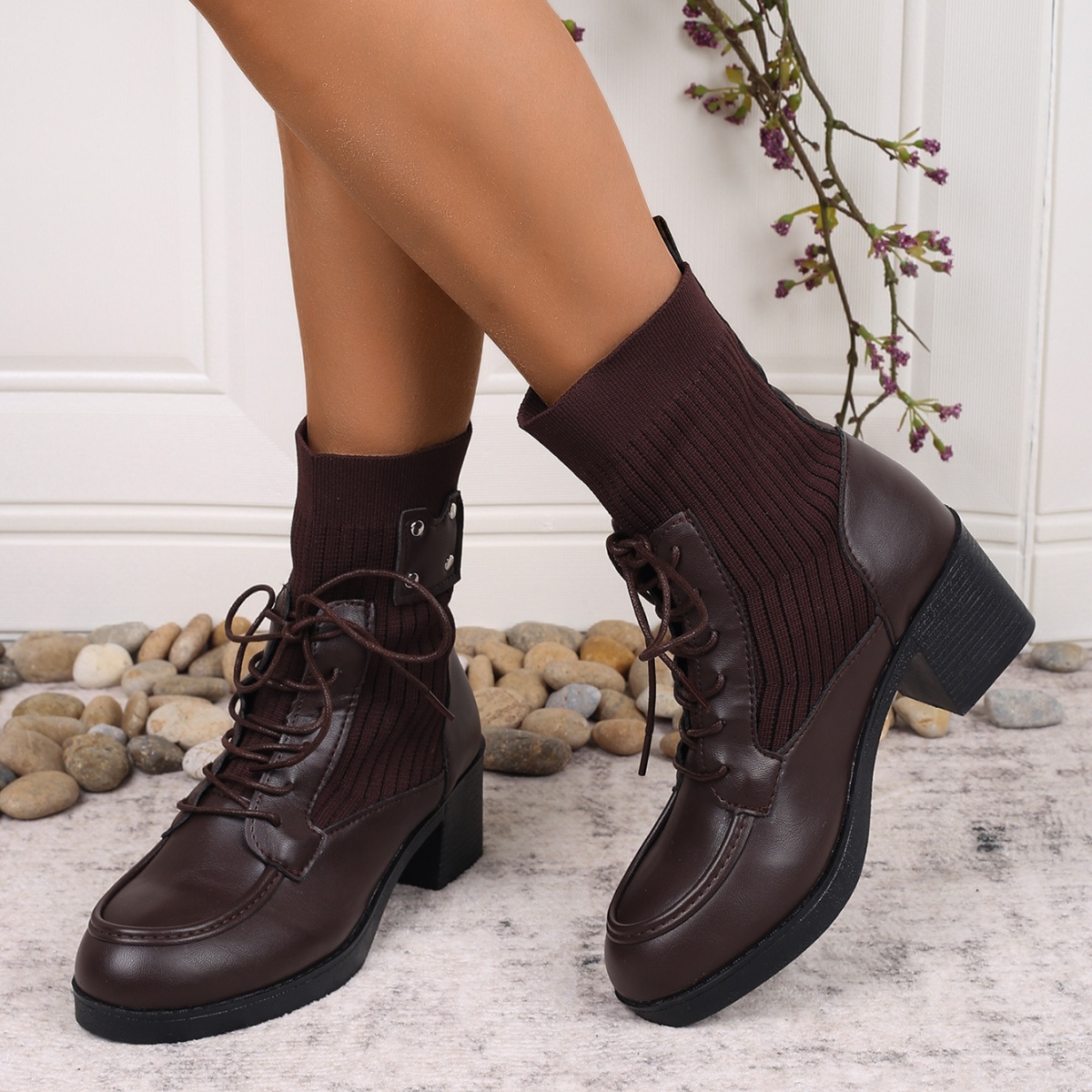 Lace Up Block Heels Boots