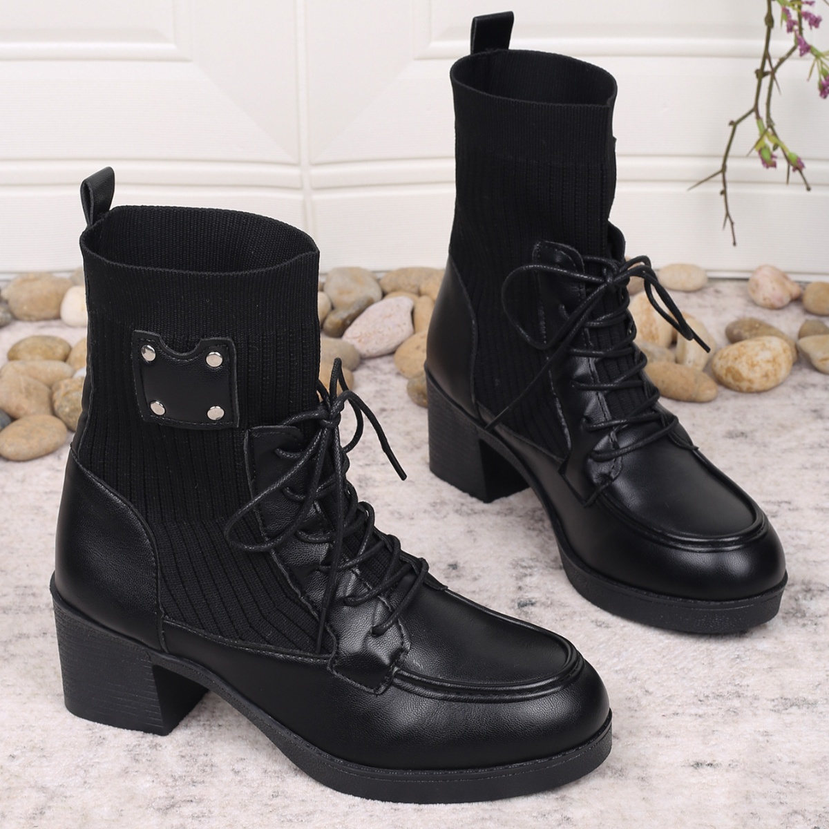 Lace Up Block Heels Boots