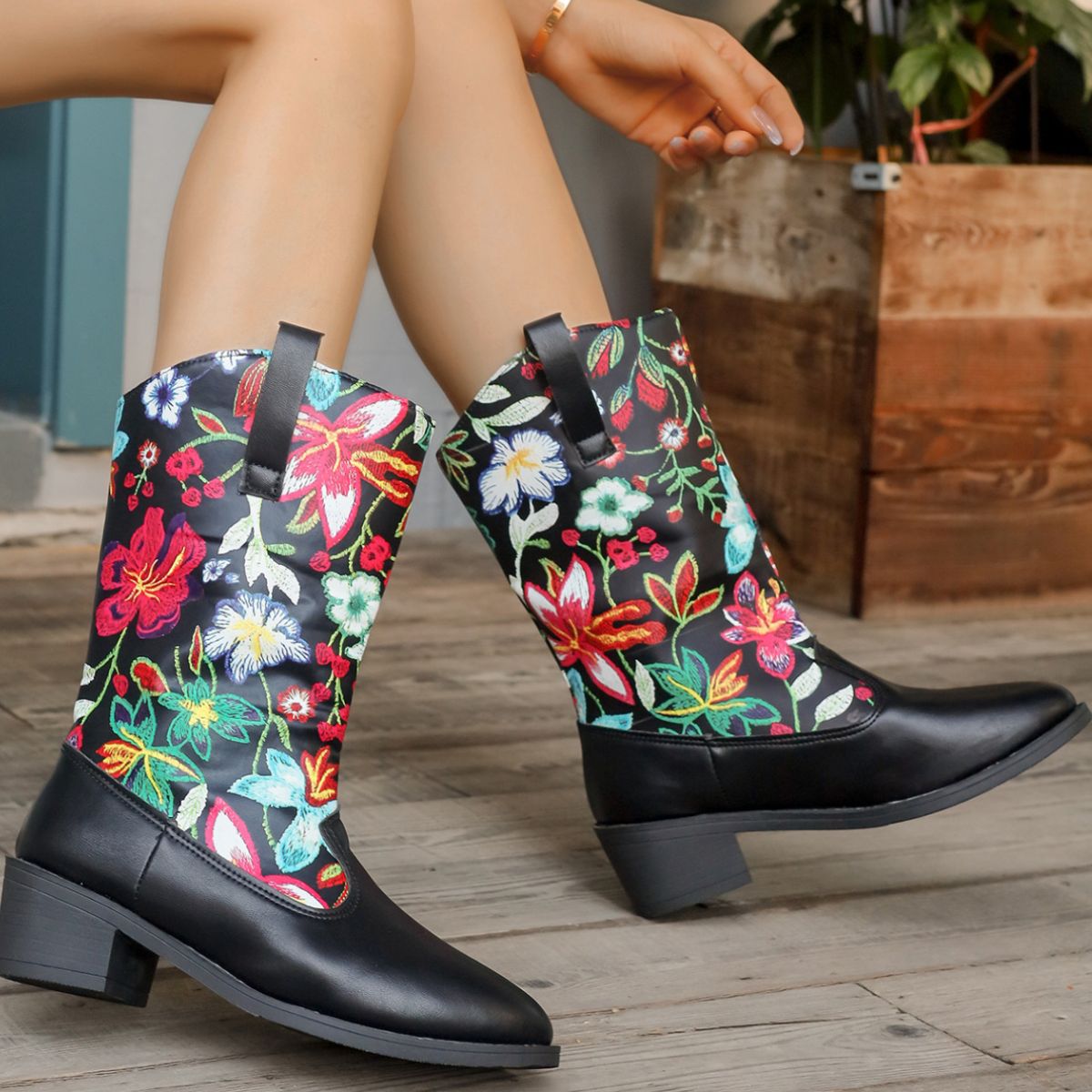 Floral Block Heel Boots