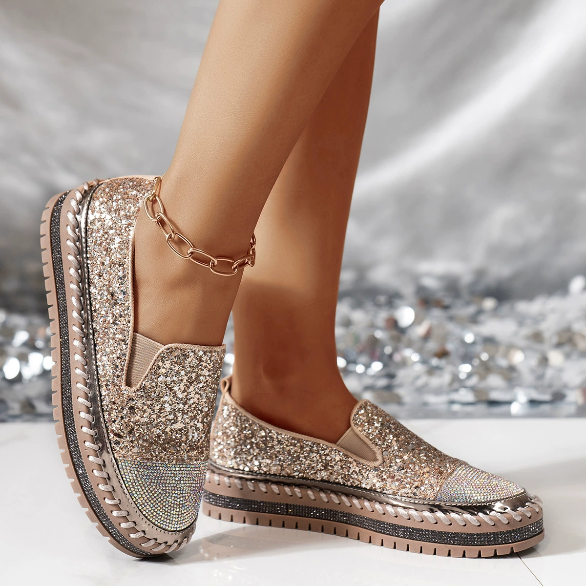 Rhinestone Sequin Round Toe Platform Loafers
