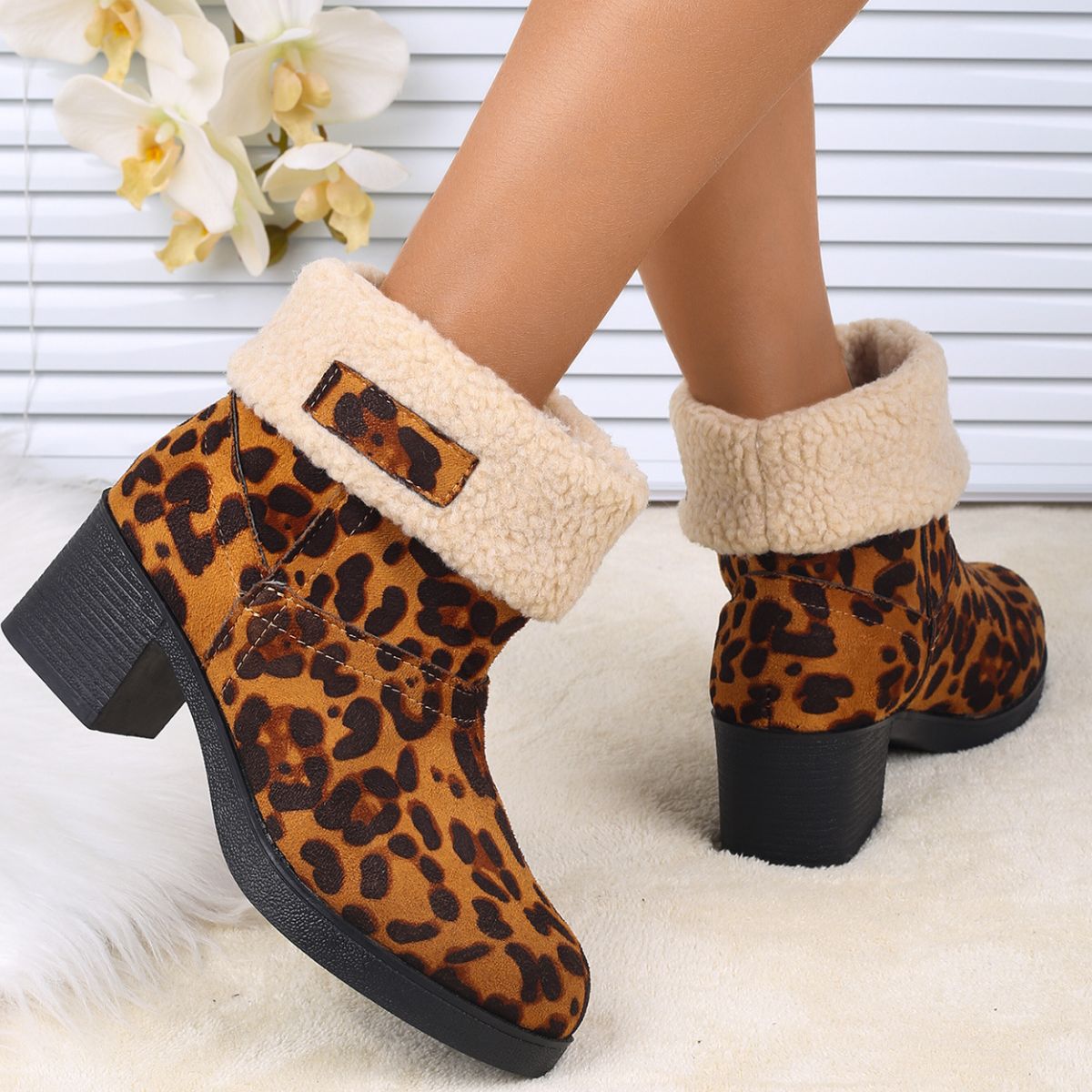 Plush Cuff Block Heel Boots