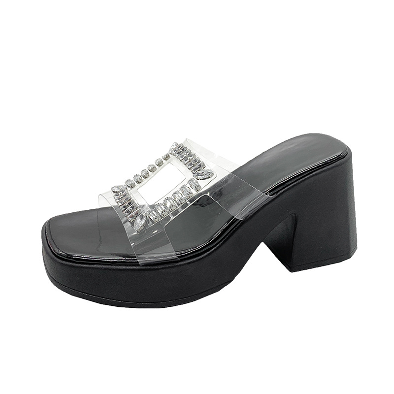 Rhinestone Open Toe Block Heels Sandals