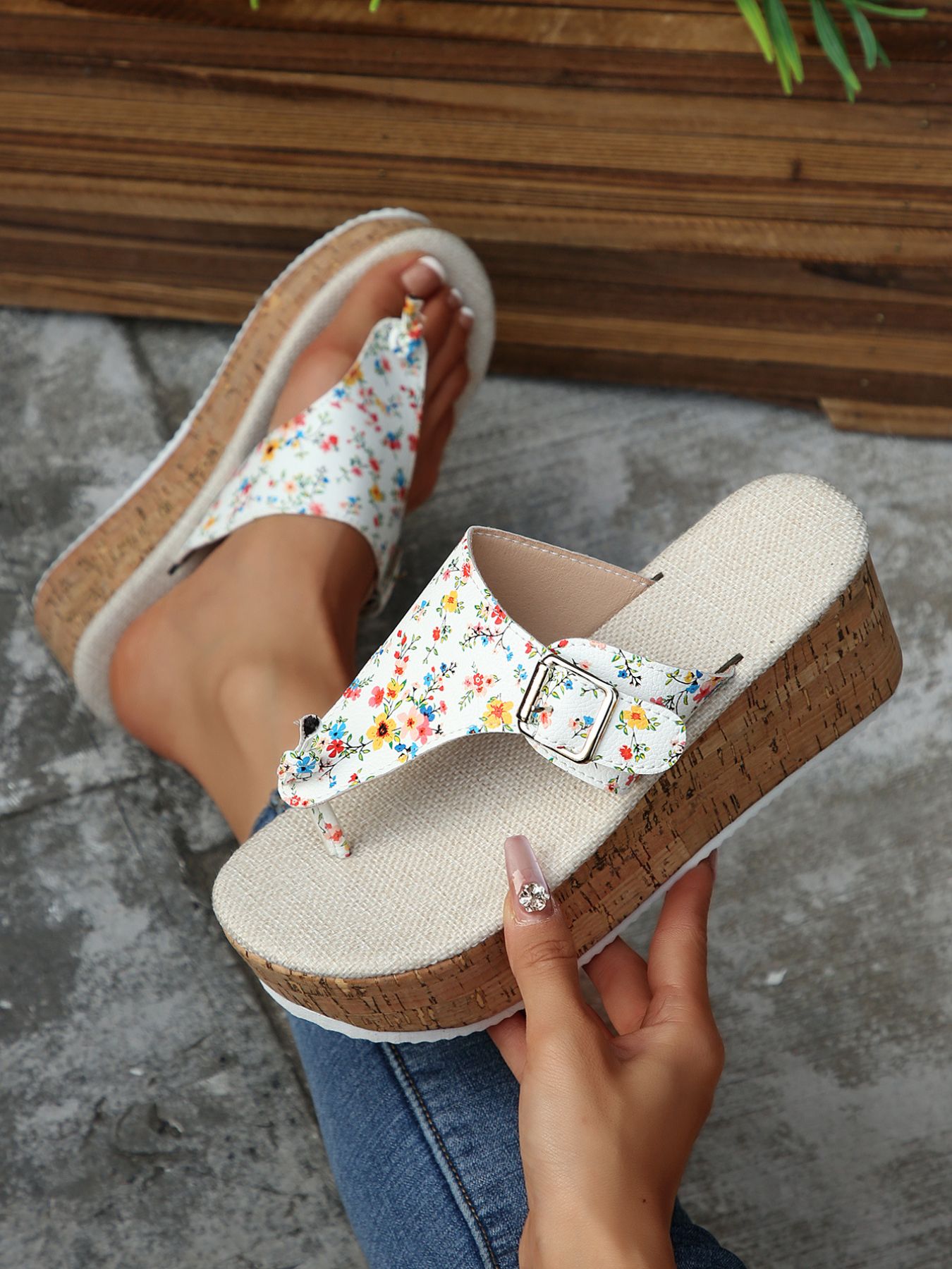 Floral Print Wedge Platform Sandals