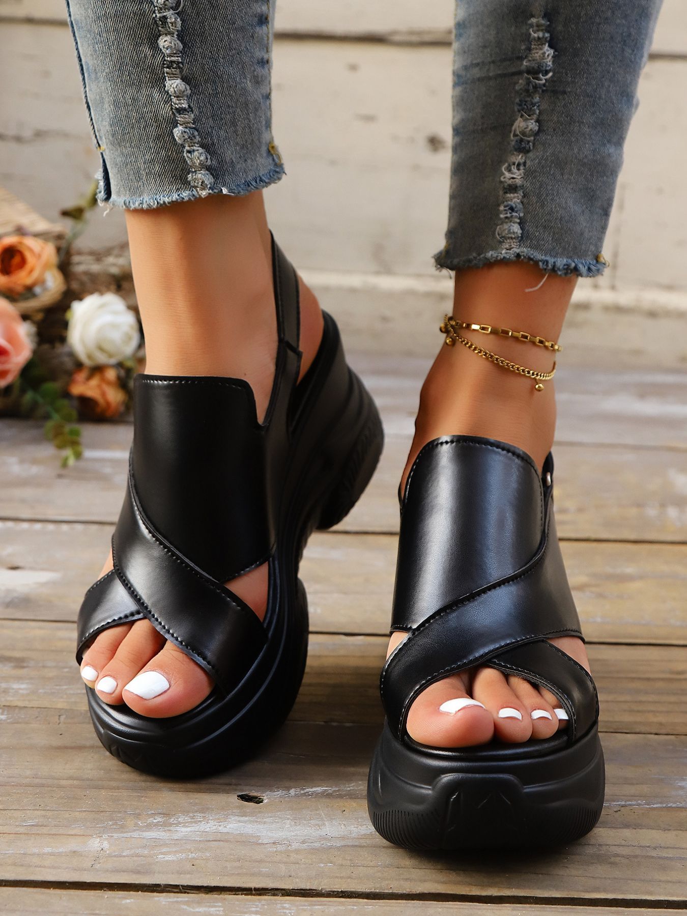 Cutout Platform Wedge Sandals