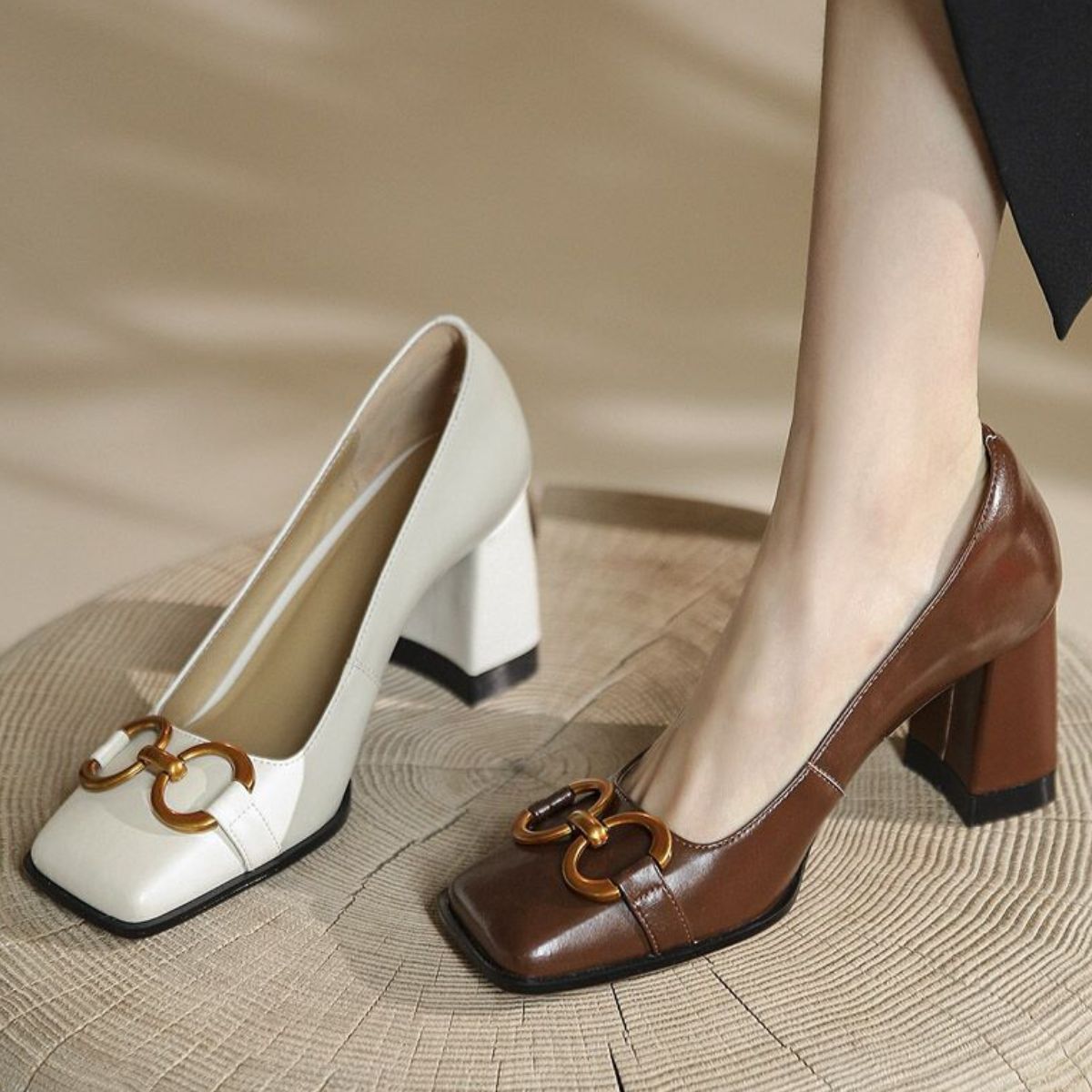Square Toe Block Heels Pumps