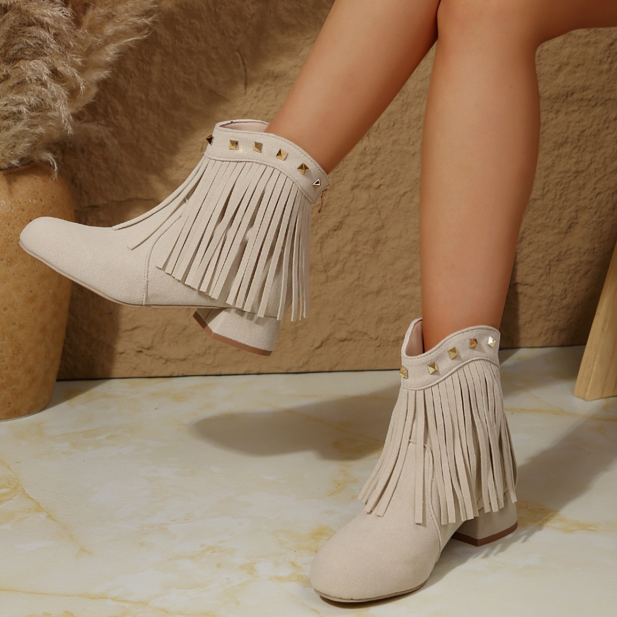 Fringe Ankle Boots with Studded Detail