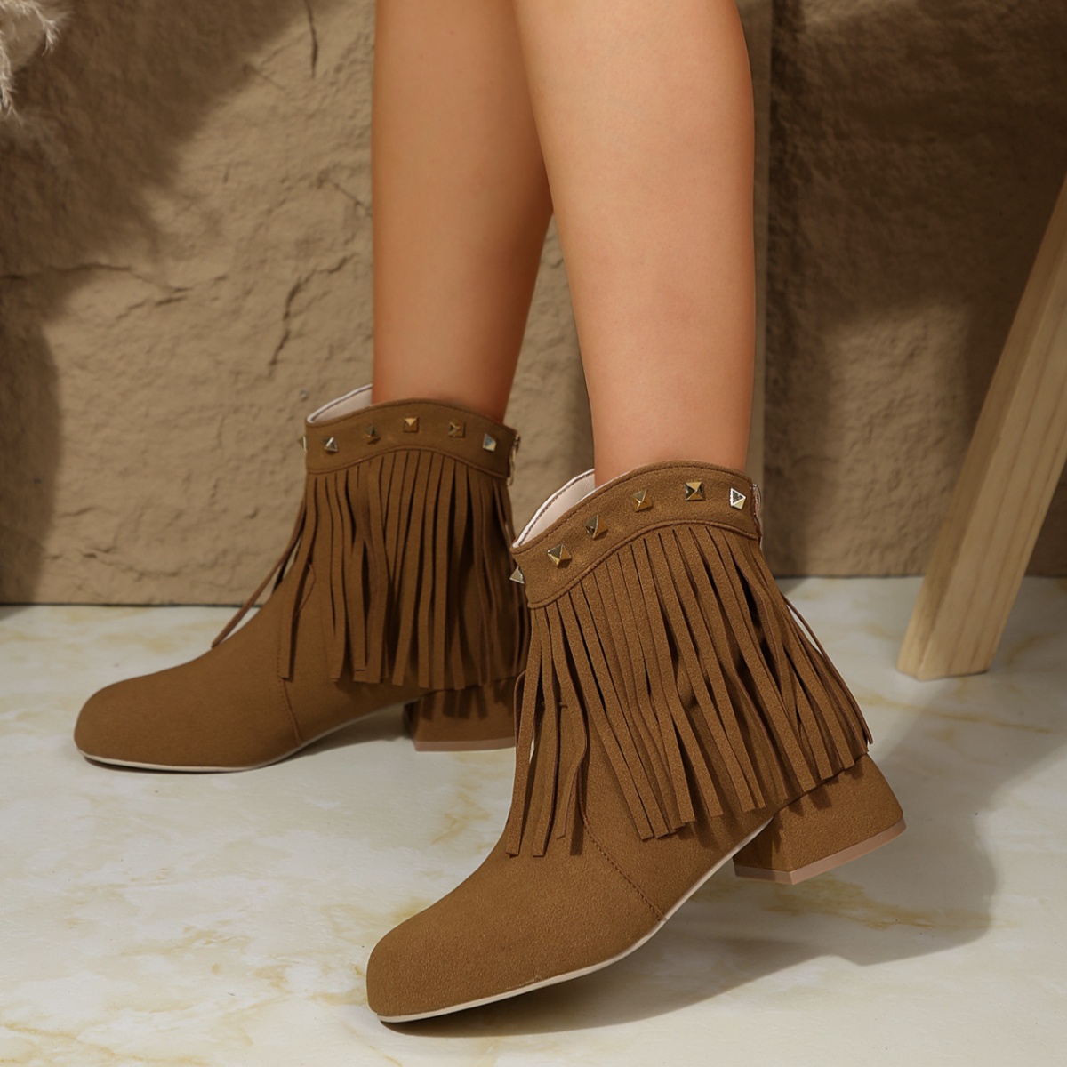 Fringe Ankle Boots with Studded Detail