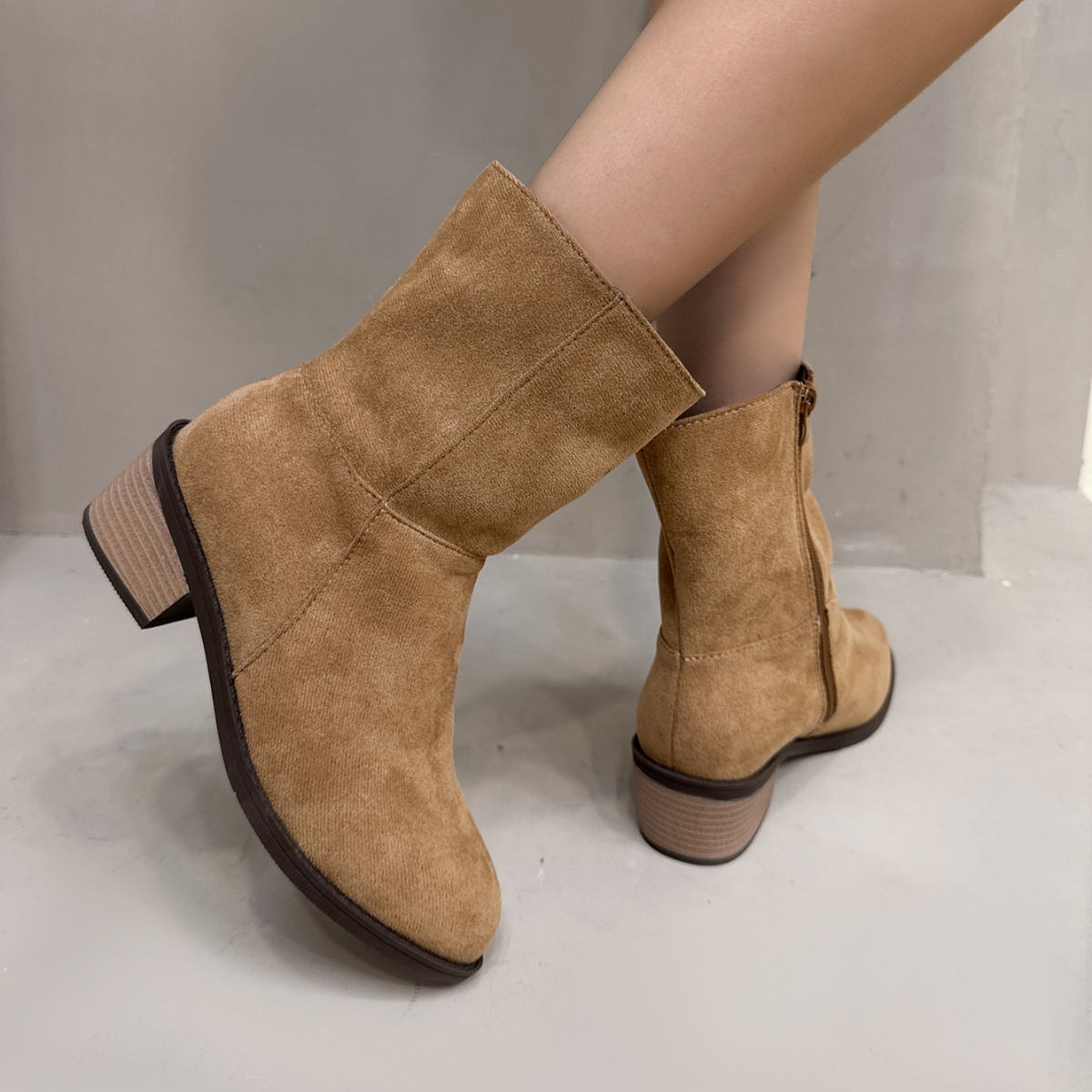 Round Toe Block Heels Ankle Boots