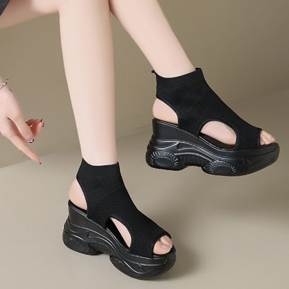 Cutout Mesh Wedge Sandals
