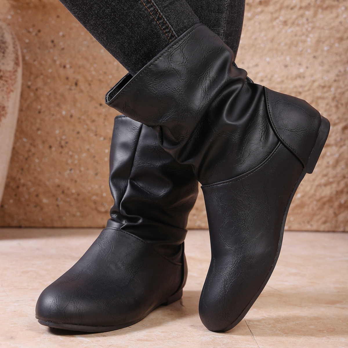 Flat Ankle Boots with Wrinkled Design