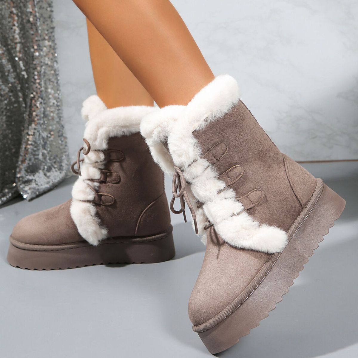 Fuzzy Trim Lace-Up Platform Boots