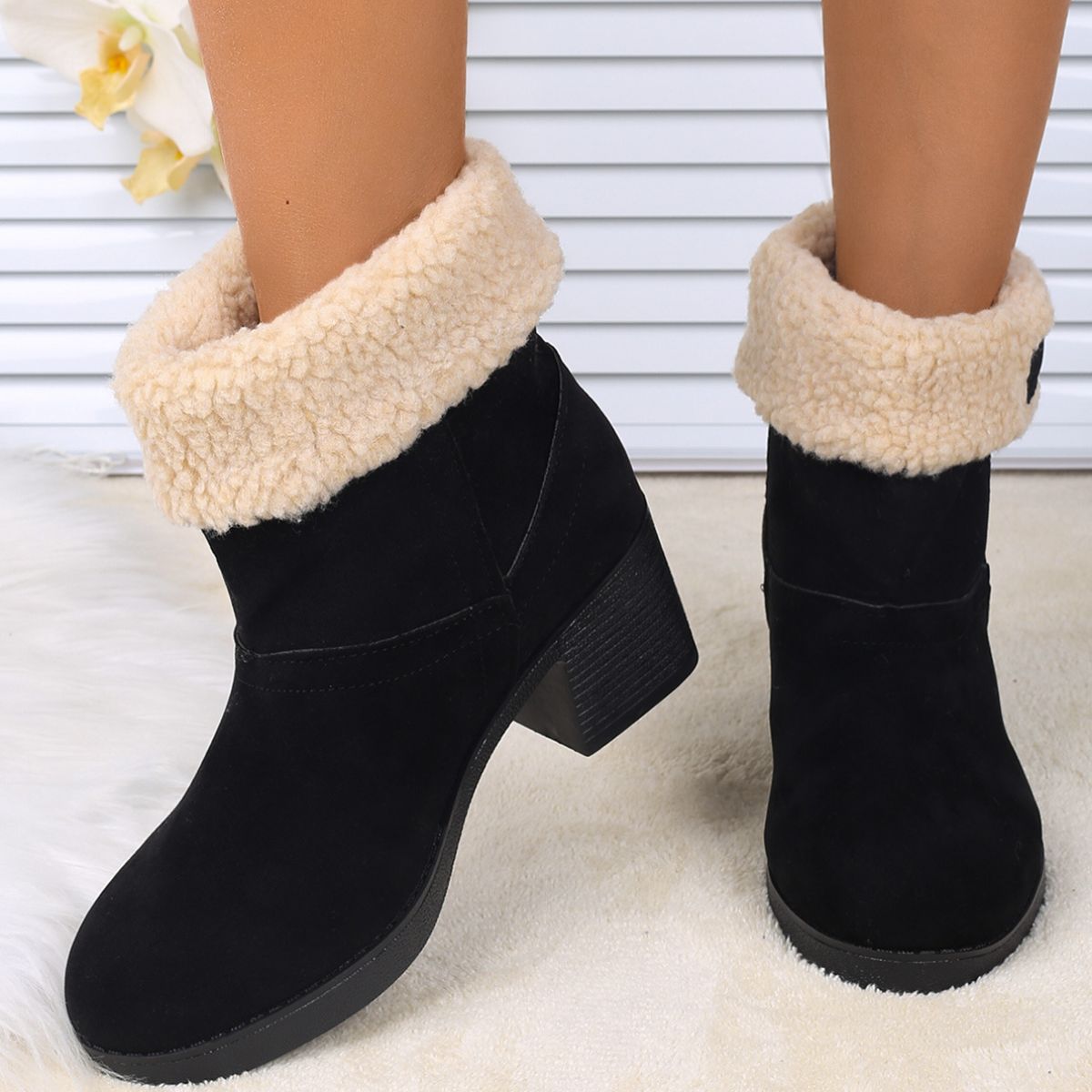 Plush Cuff Block Heel Boots