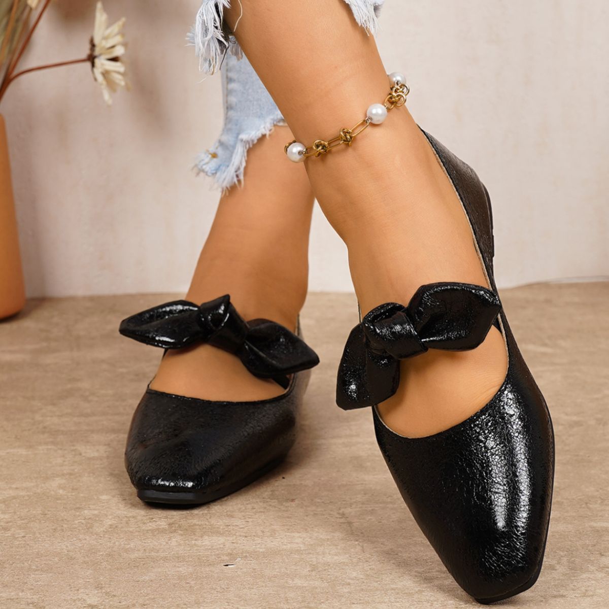 Bow Square Toe Slip-Ons
