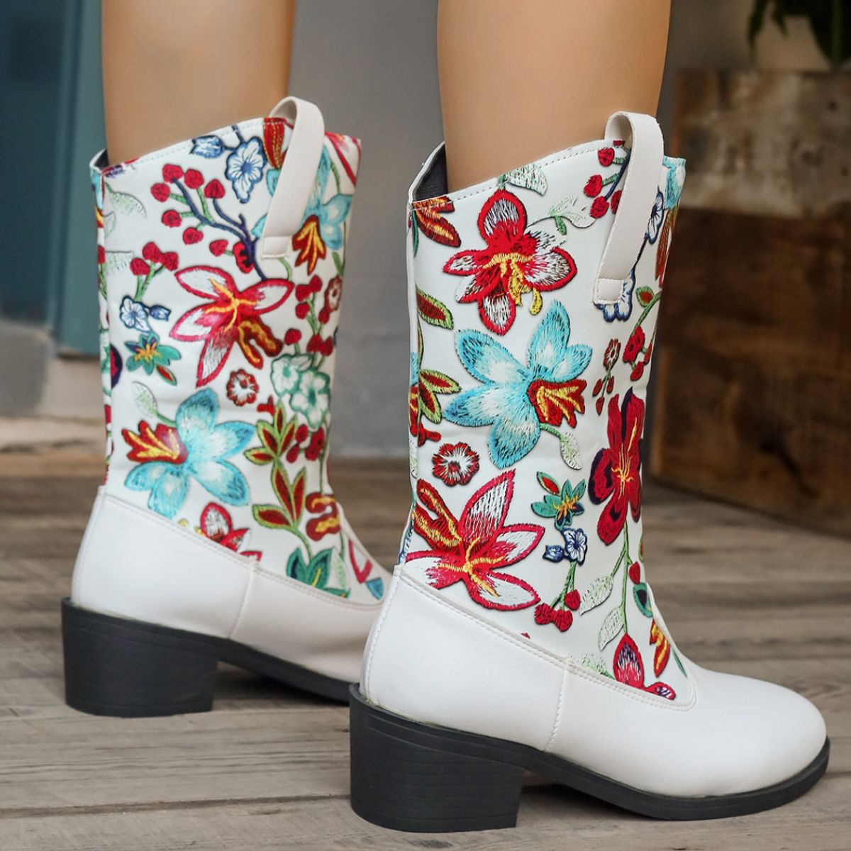Floral Block Heel Boots
