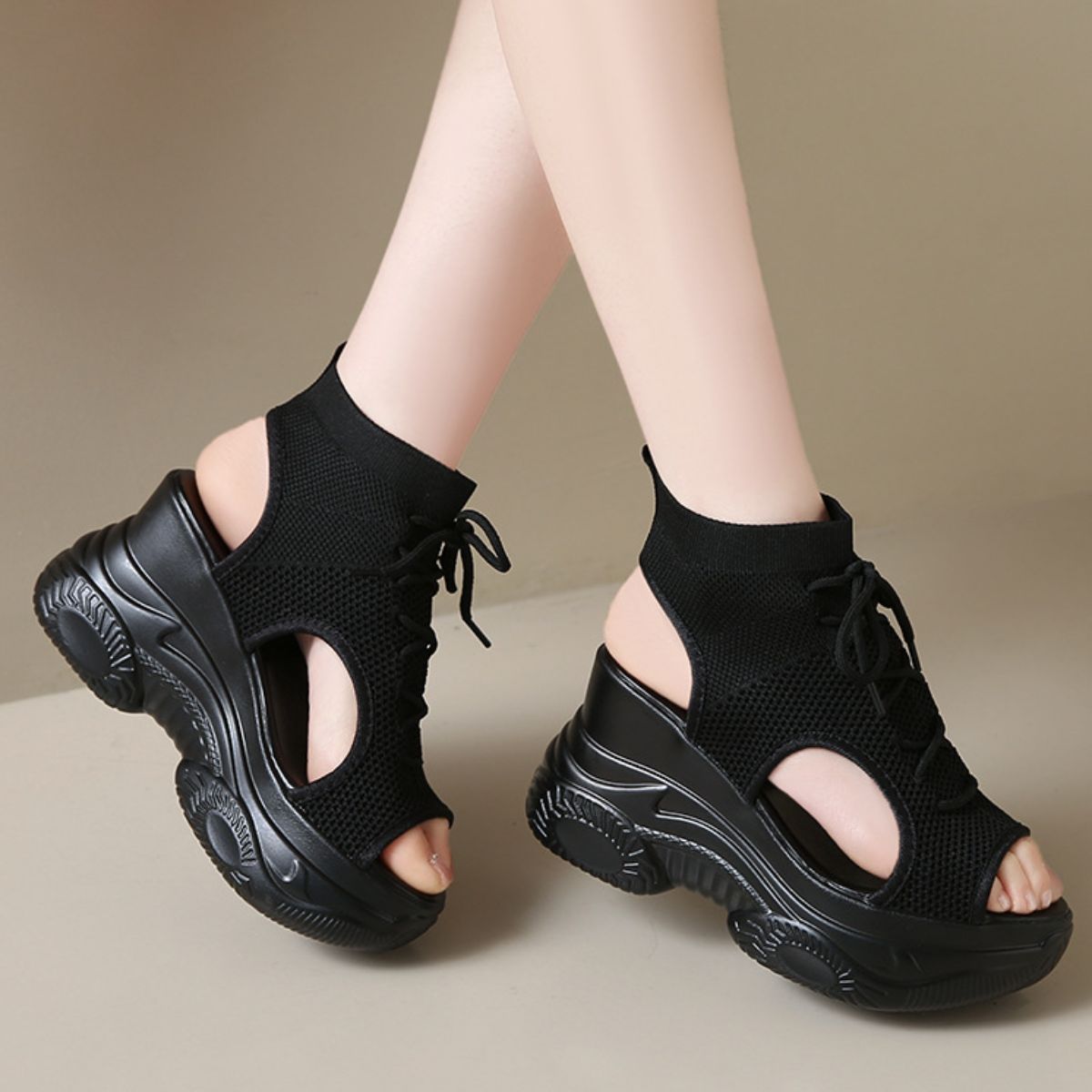 Cutout Mesh Wedge Sandals