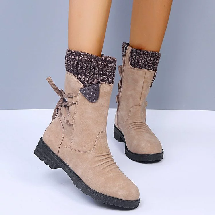 Knitted Cuff Round Toe Boots