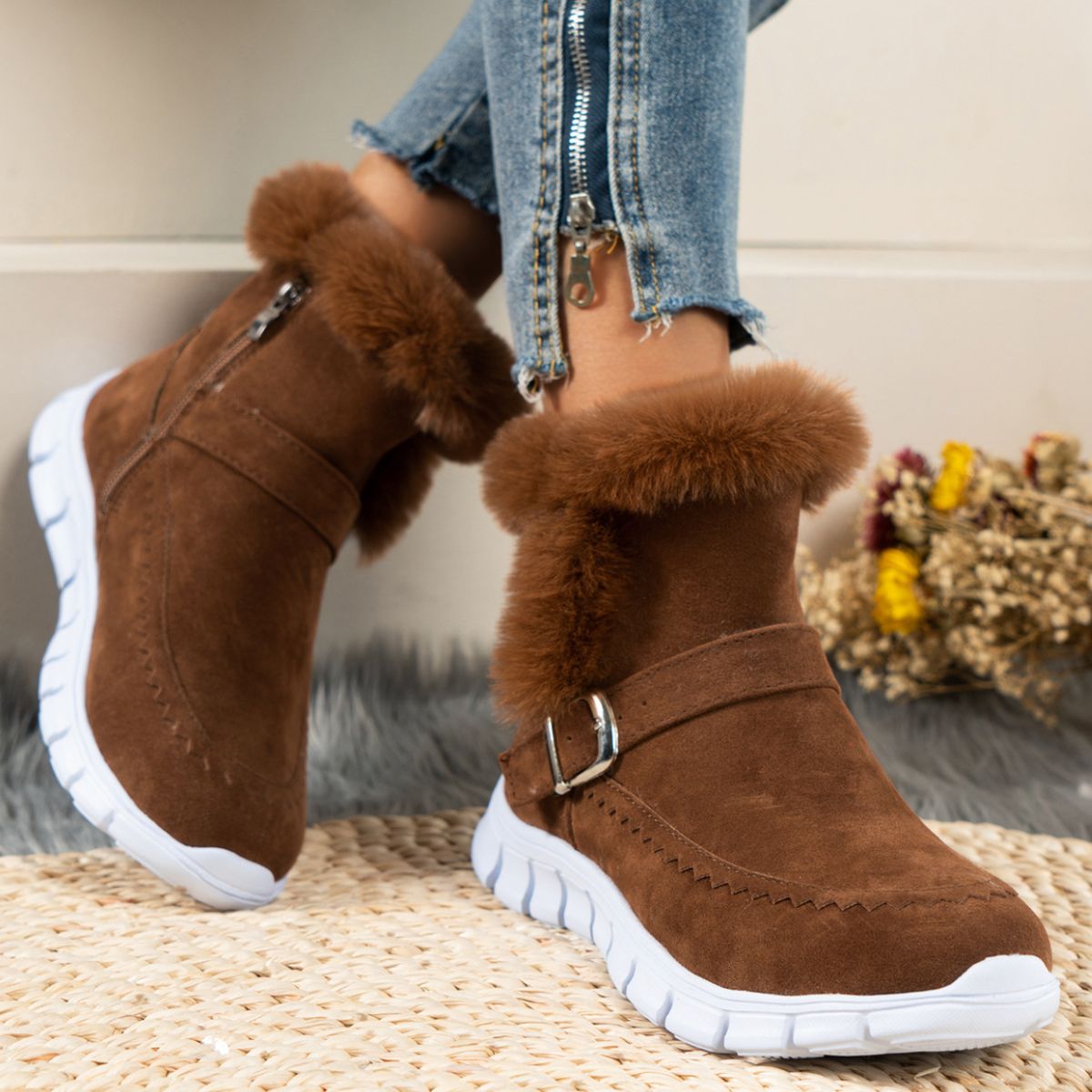 Faux Fur Trim Ankle Boots