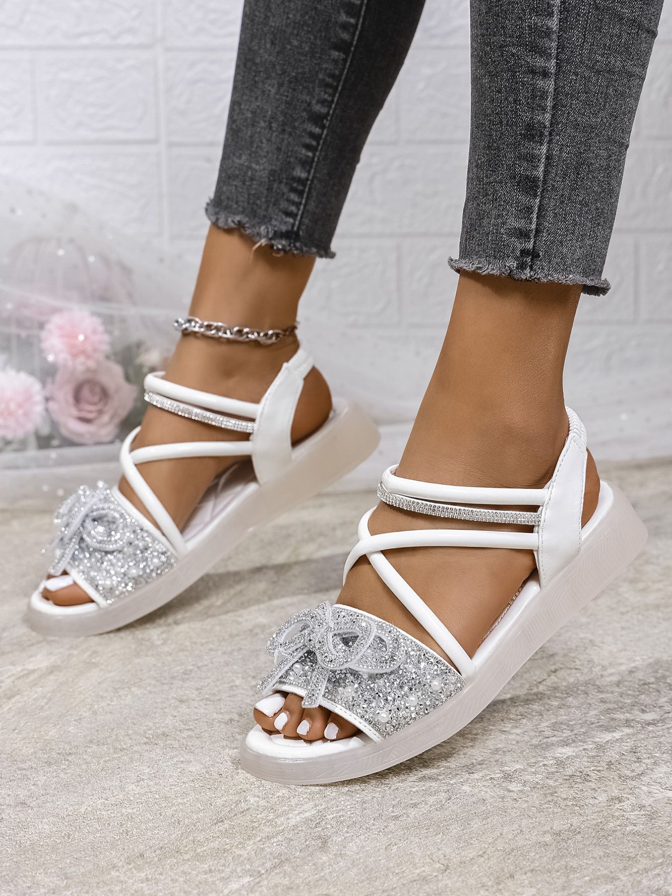 Bow Rhinestone Embellished Sandals