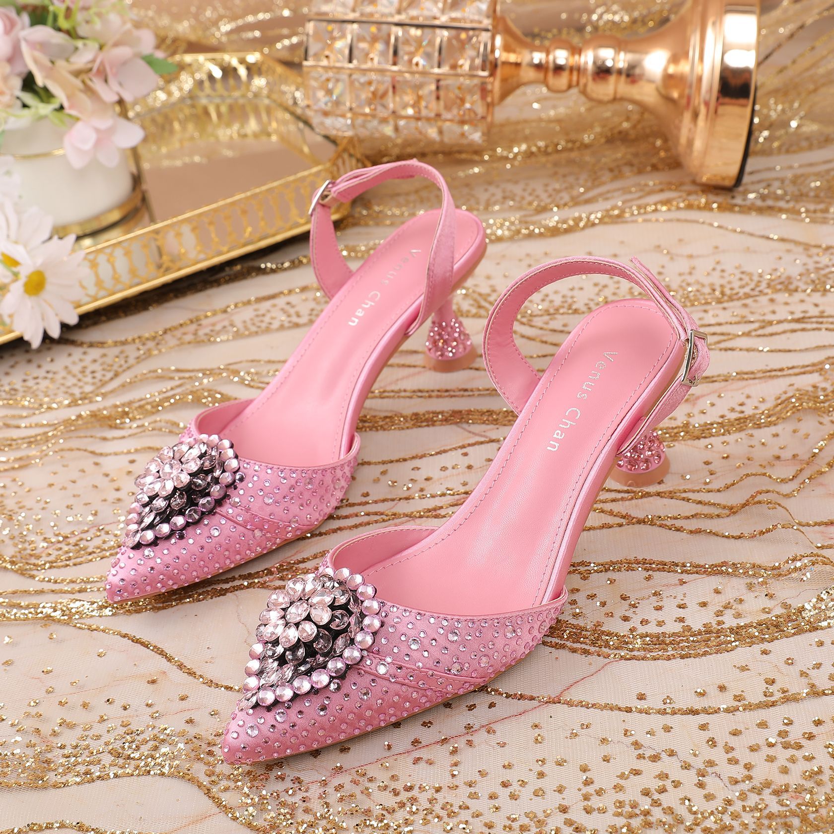 Rhinestone Point Toe Flare Heel Slingback Pumps