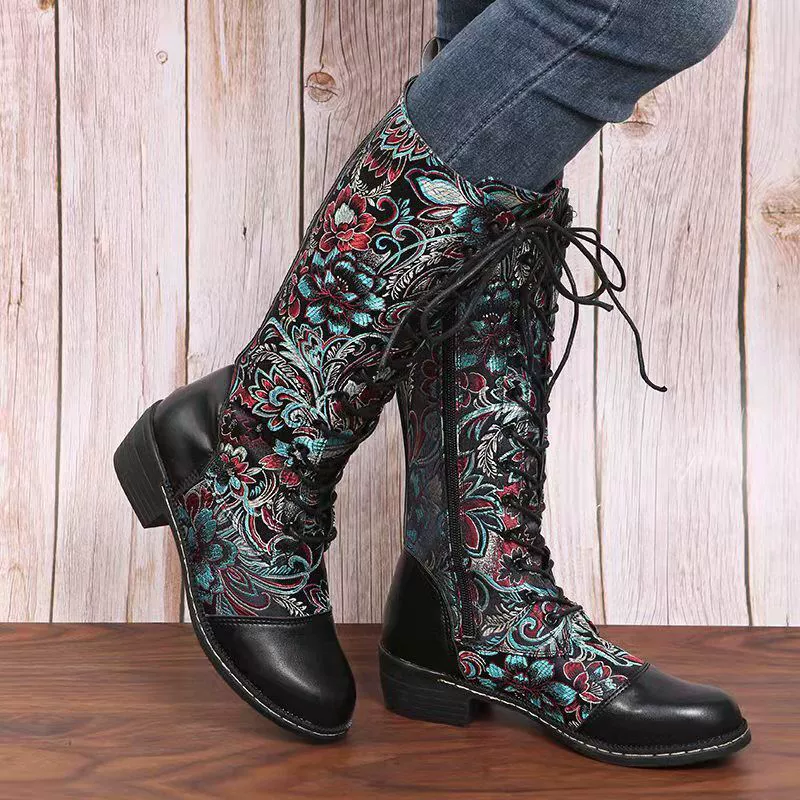 Embroidered Lace-Up Block Heel Boots