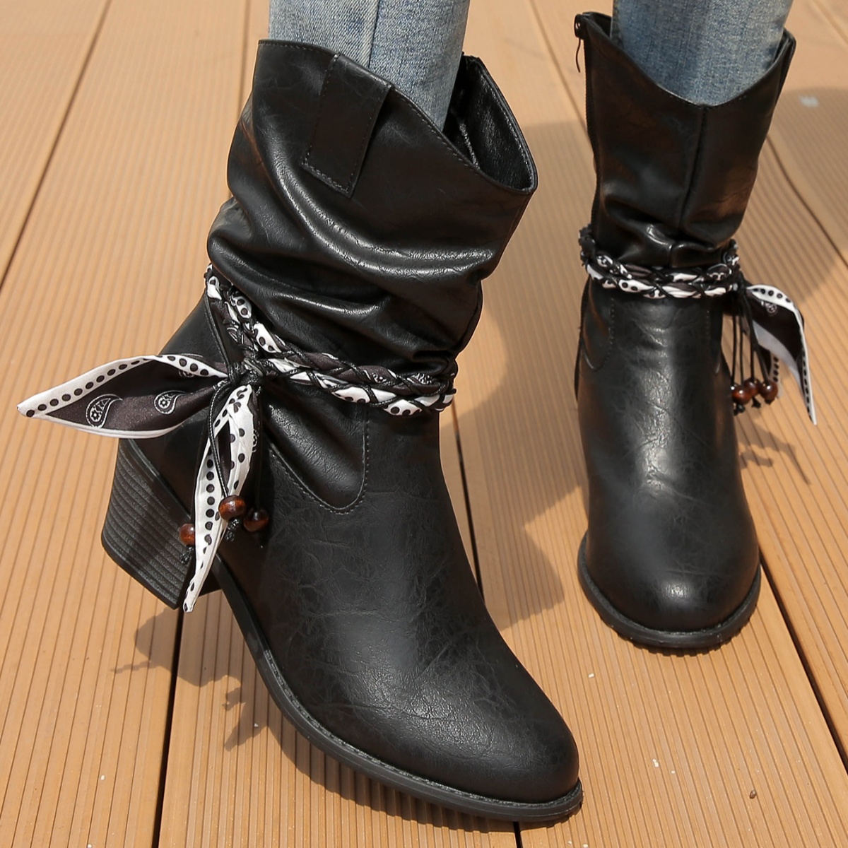 Braided Detail Western Boots with Block Heels