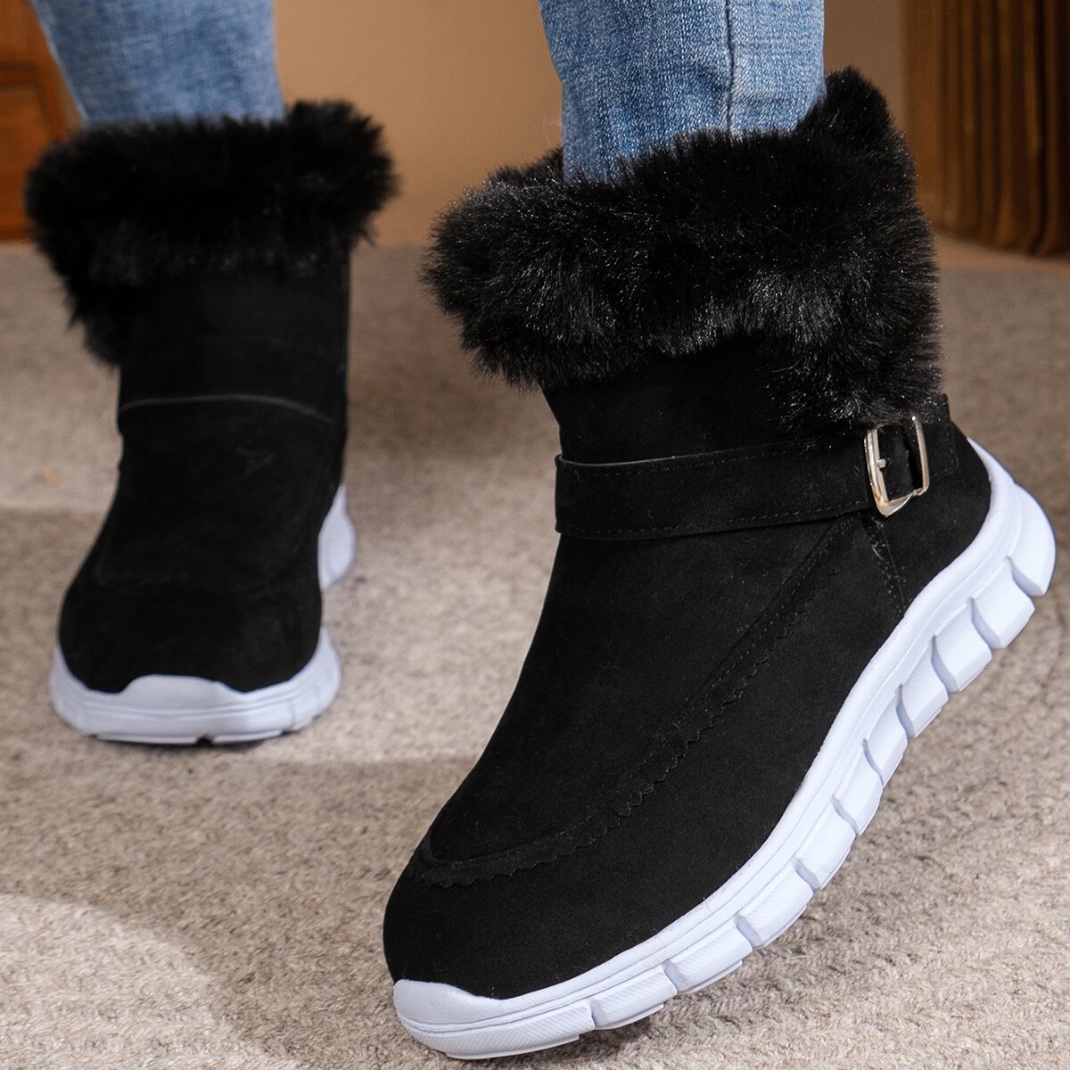 Fuzzy Trim Buckle Boots