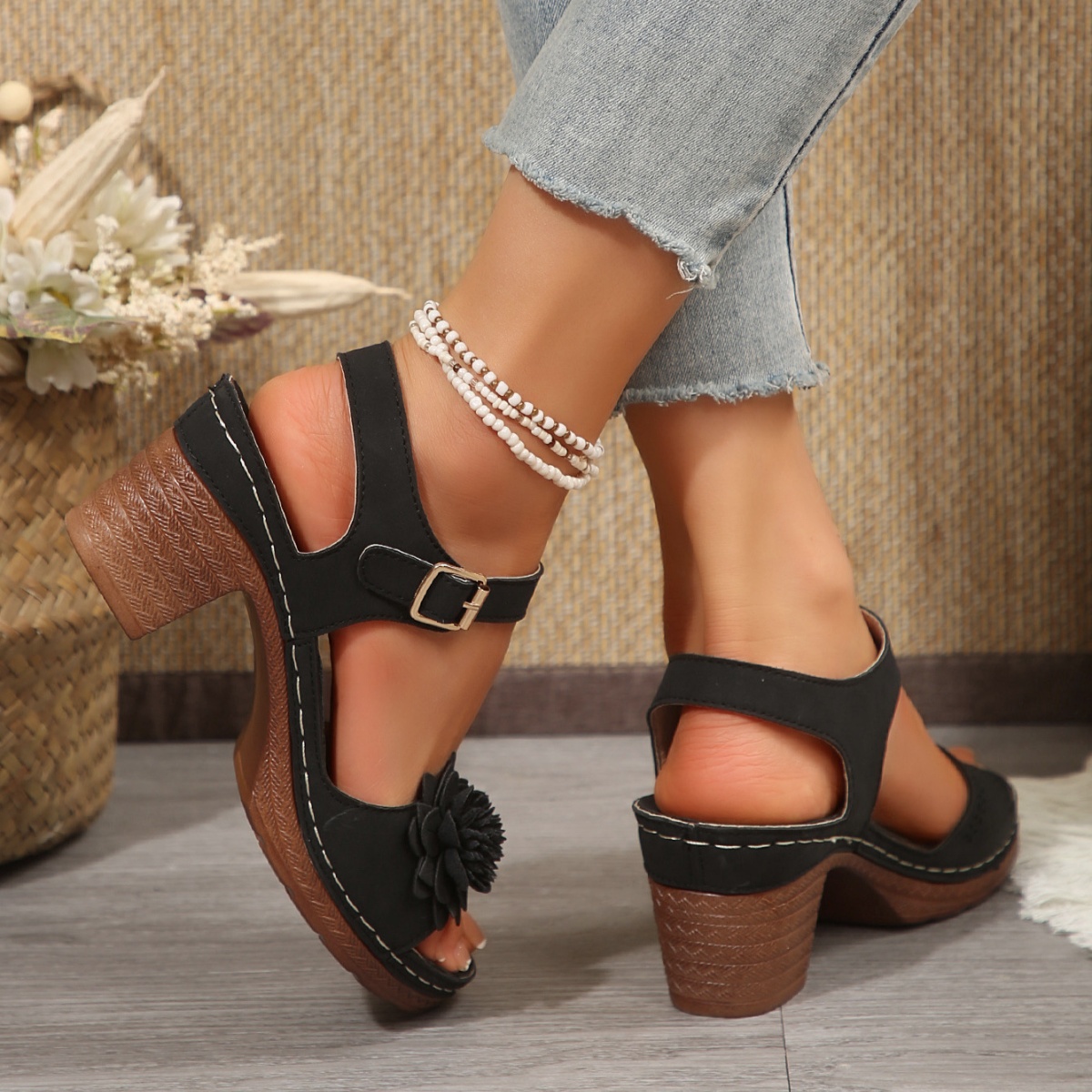 Floral Decor Buckle Ankle Strap Block Heel Sandals