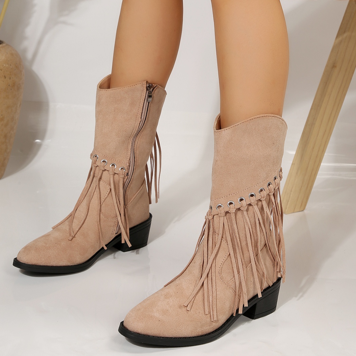 Fringe Western Block Heel Boots