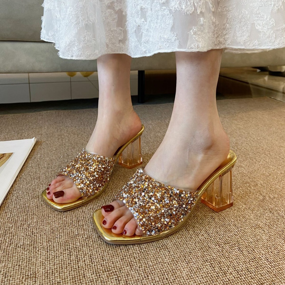 Rhinestone Open Toe Block Heel Sandals