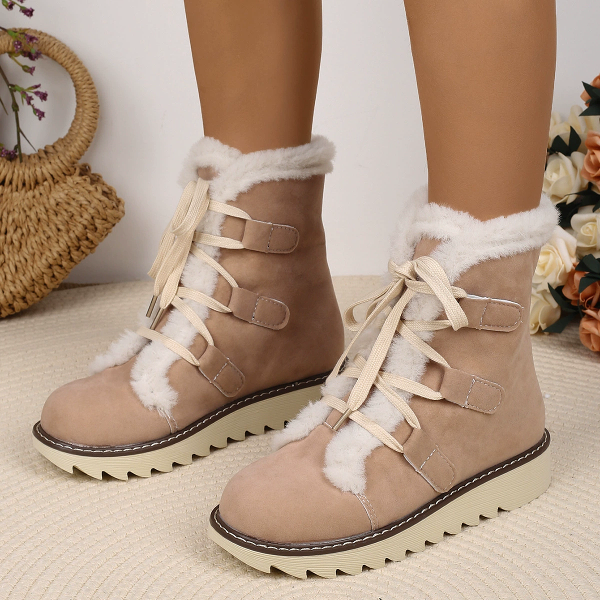 Fuzzy Trim Lace-Up Boots