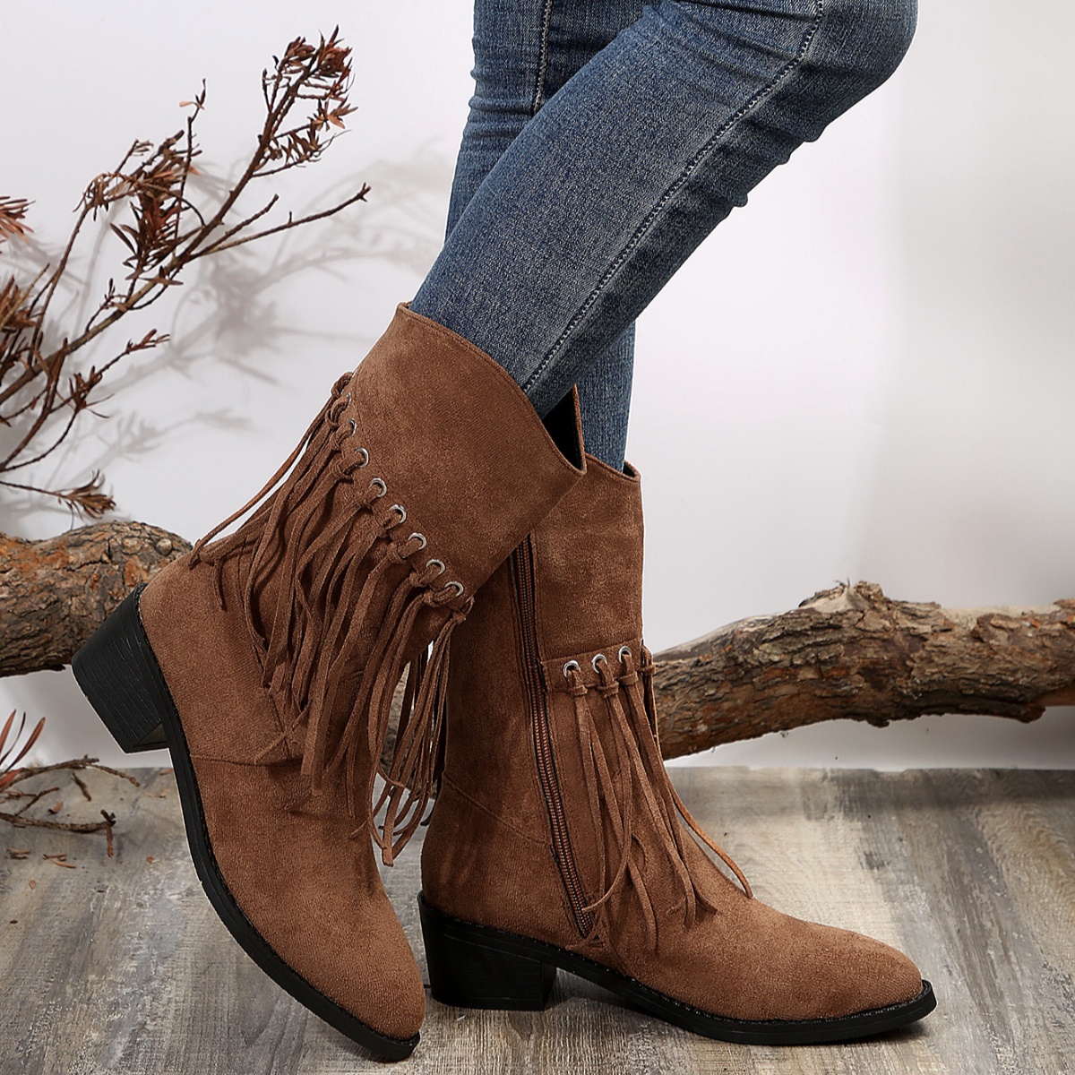 Fringe Western Block Heel Boots