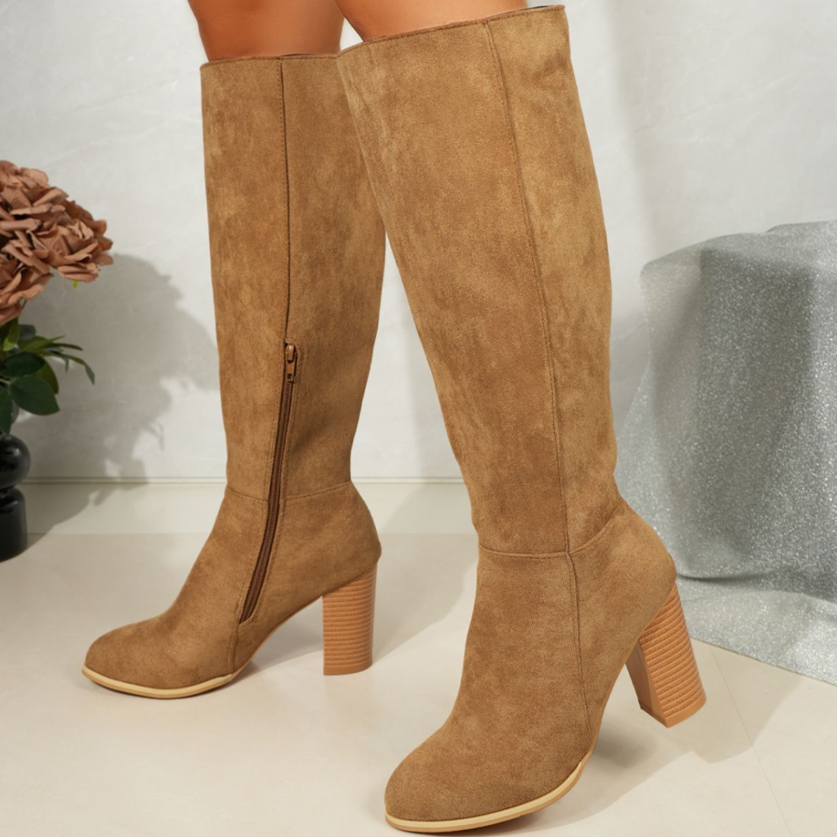 Point Toe Knee-High Suede Block Heel Boots
