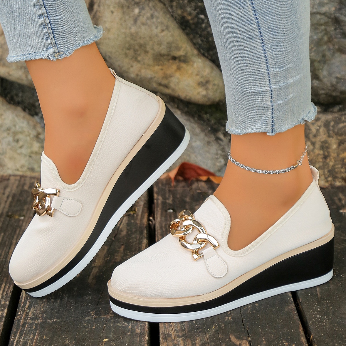 Chain Decor Wedge Loafers