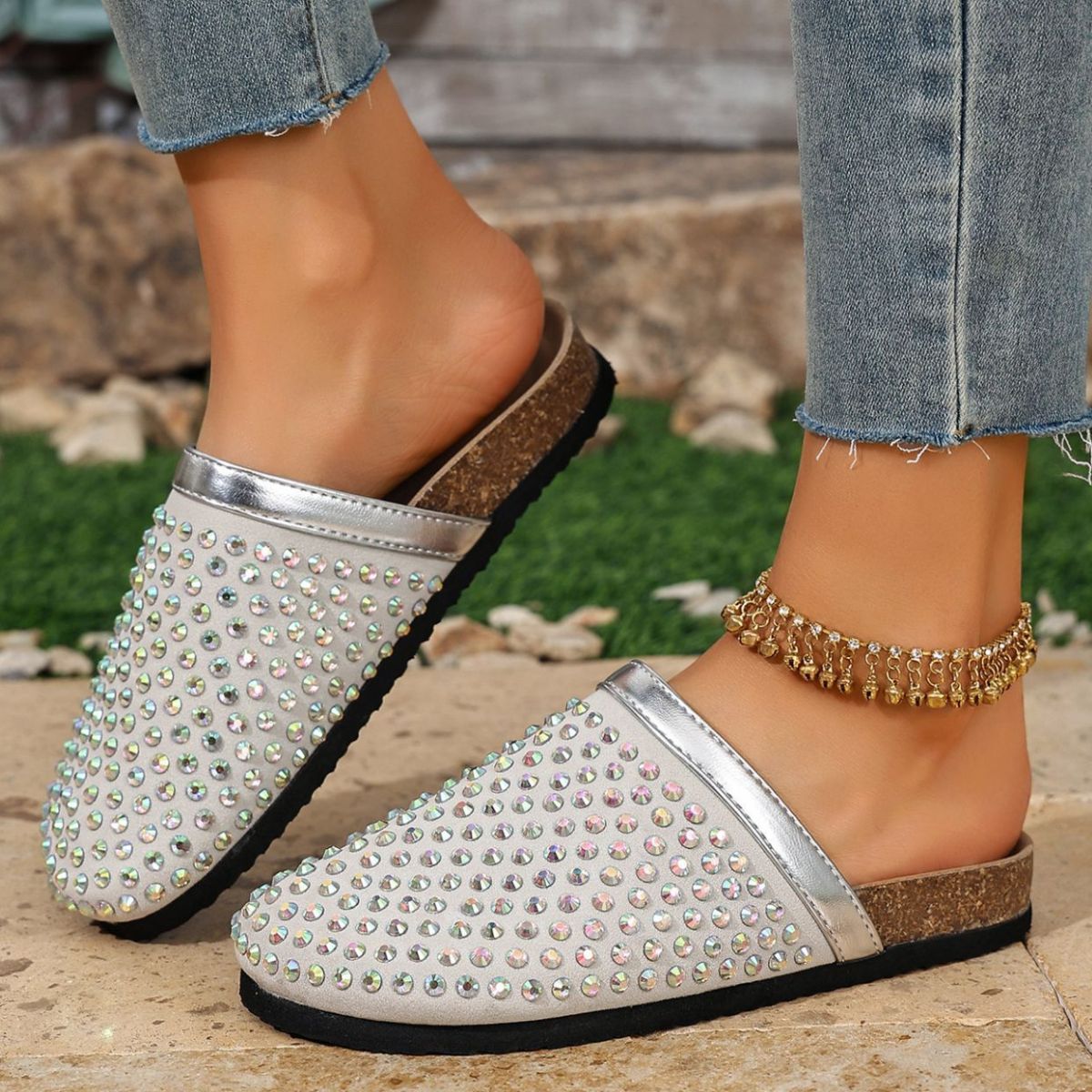 Sparkling Rhinestone Embellished Slip-On Sandals
