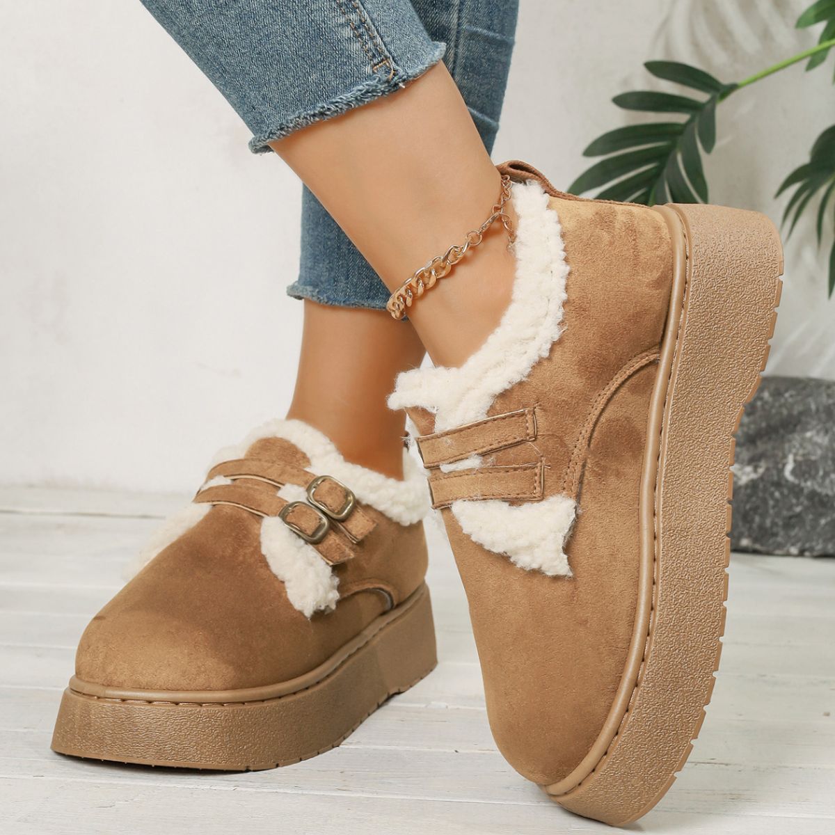 Buckle Strap Faux Fur Trim Platform Boots