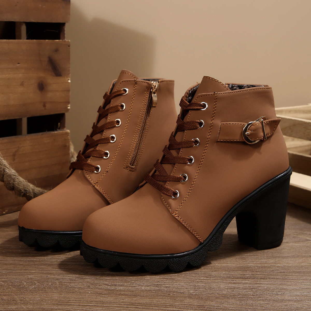 Lace Up Block Heels Boots