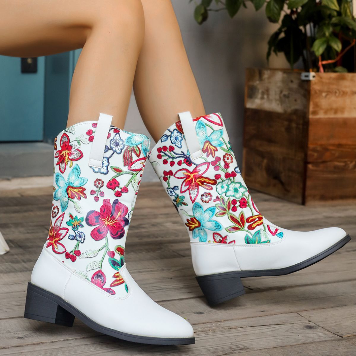 Floral Block Heel Boots