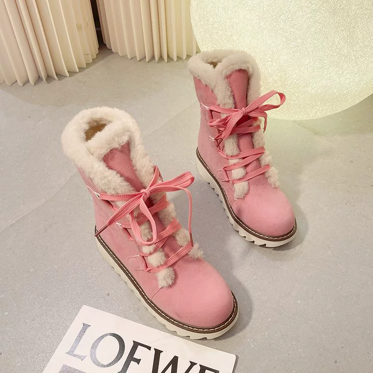 Fuzzy Trim Lace-Up Boots