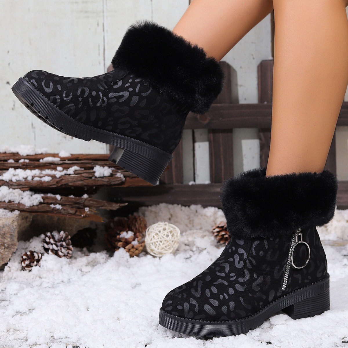 Fuzzy Cuff Leopard Print Ankle Boots