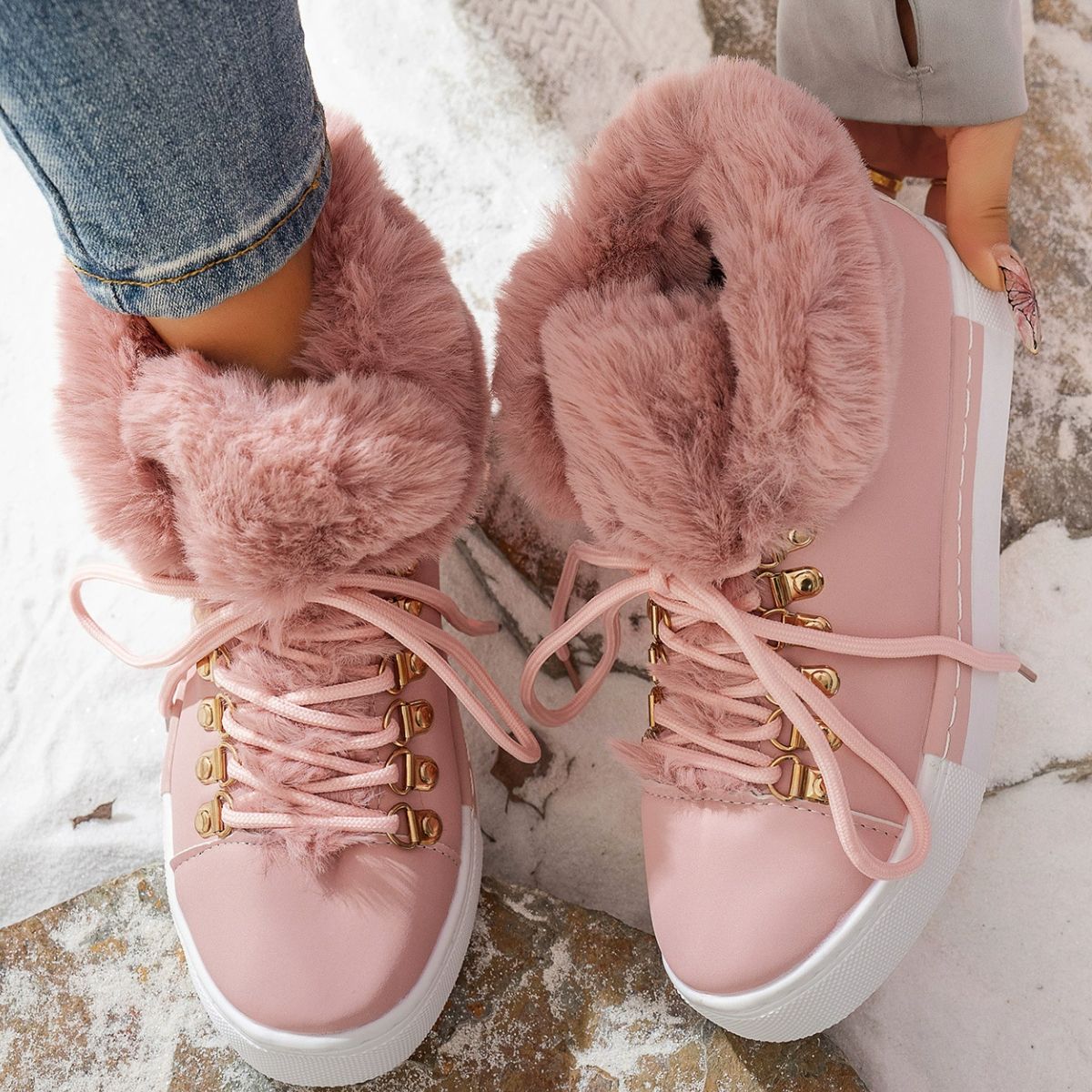 Fuzzy Trim Lace-Up Ankle Boots