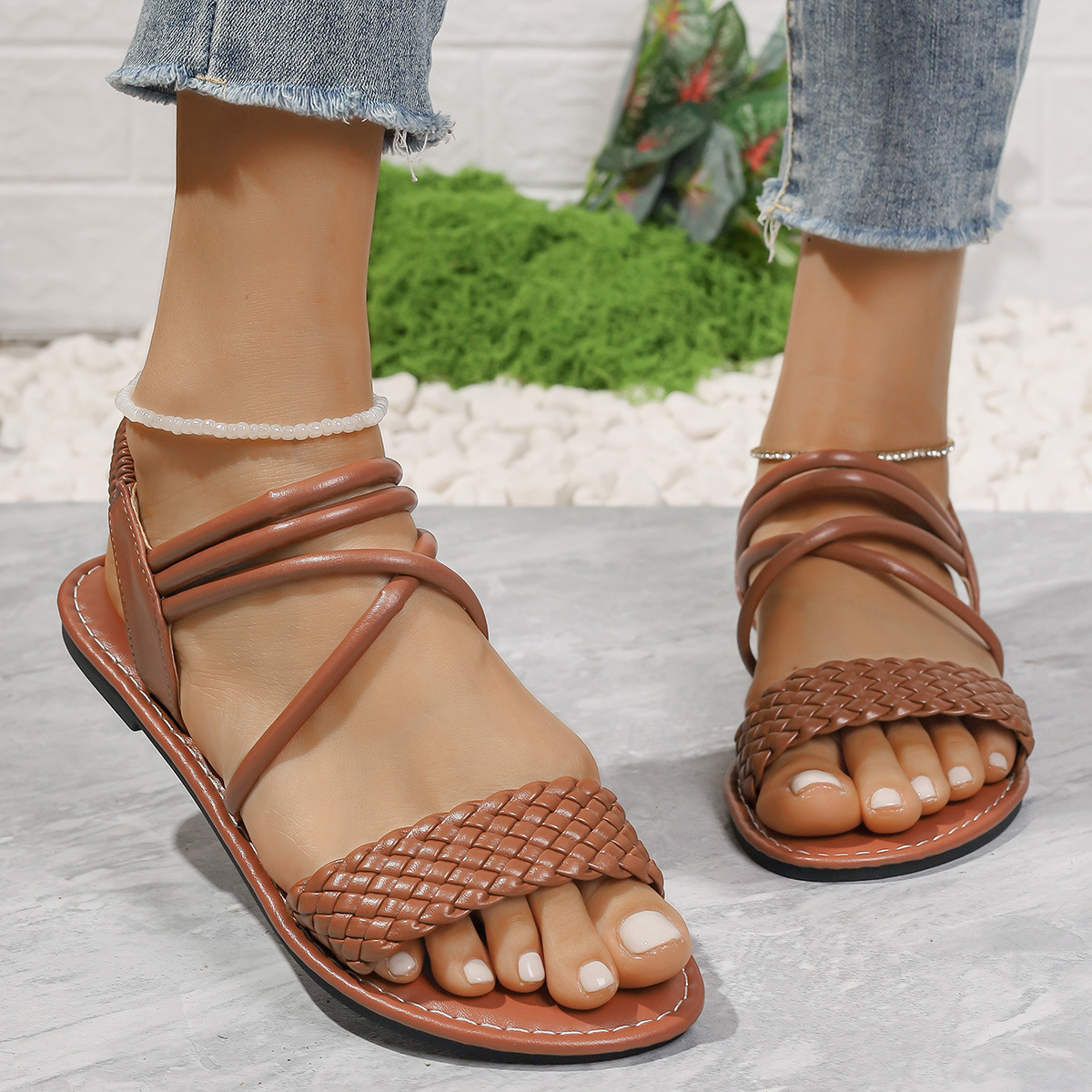 Braided Ankle Strap Flat Sandals