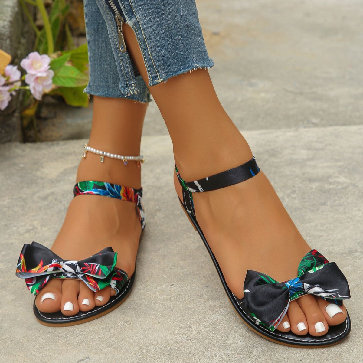 Floral Bowknot Ankle Strap Flat Sandals