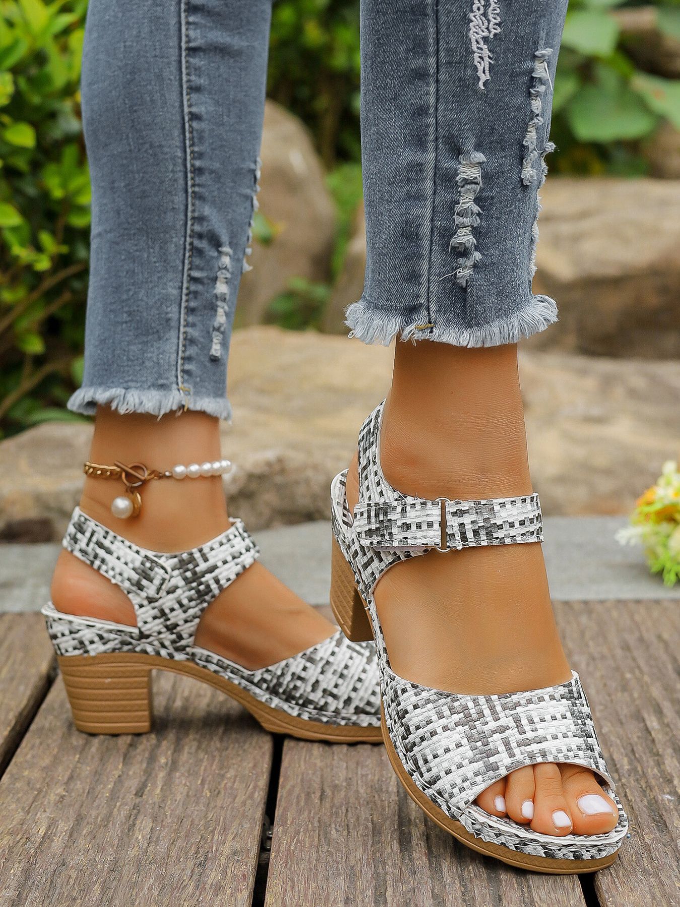 Block Heel Sandals with Ankle Strap