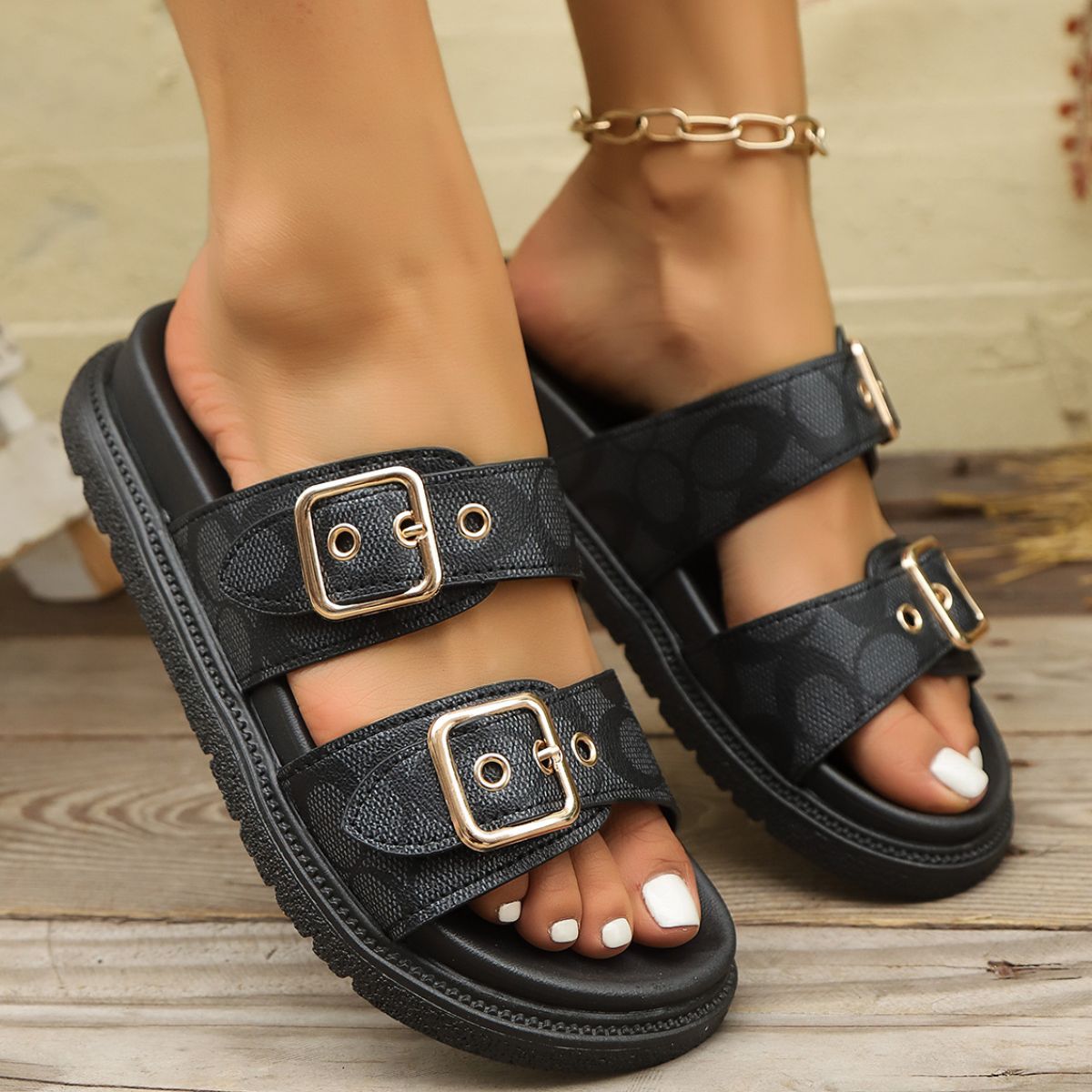 Open Toe Double Buckle Sandals