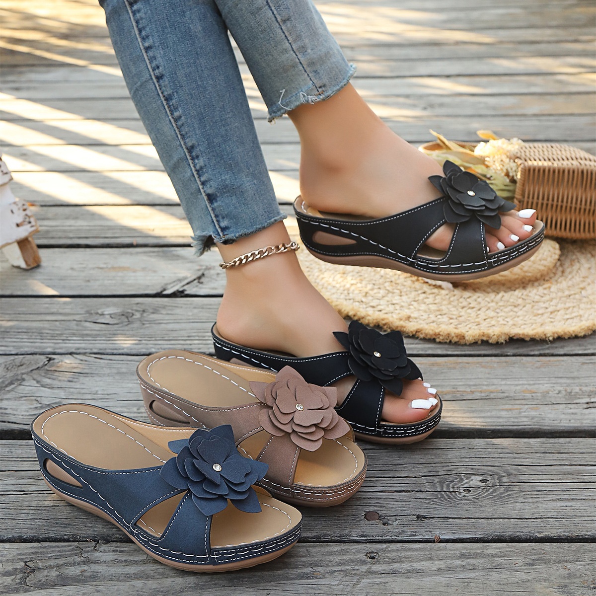 Flower Open Toe Wedge Sandals