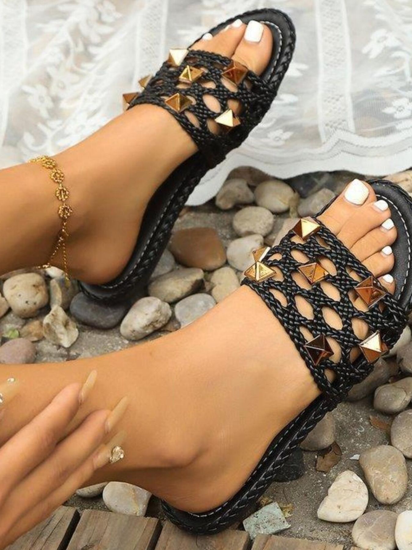 Hollow Out Studded Flat Sandal