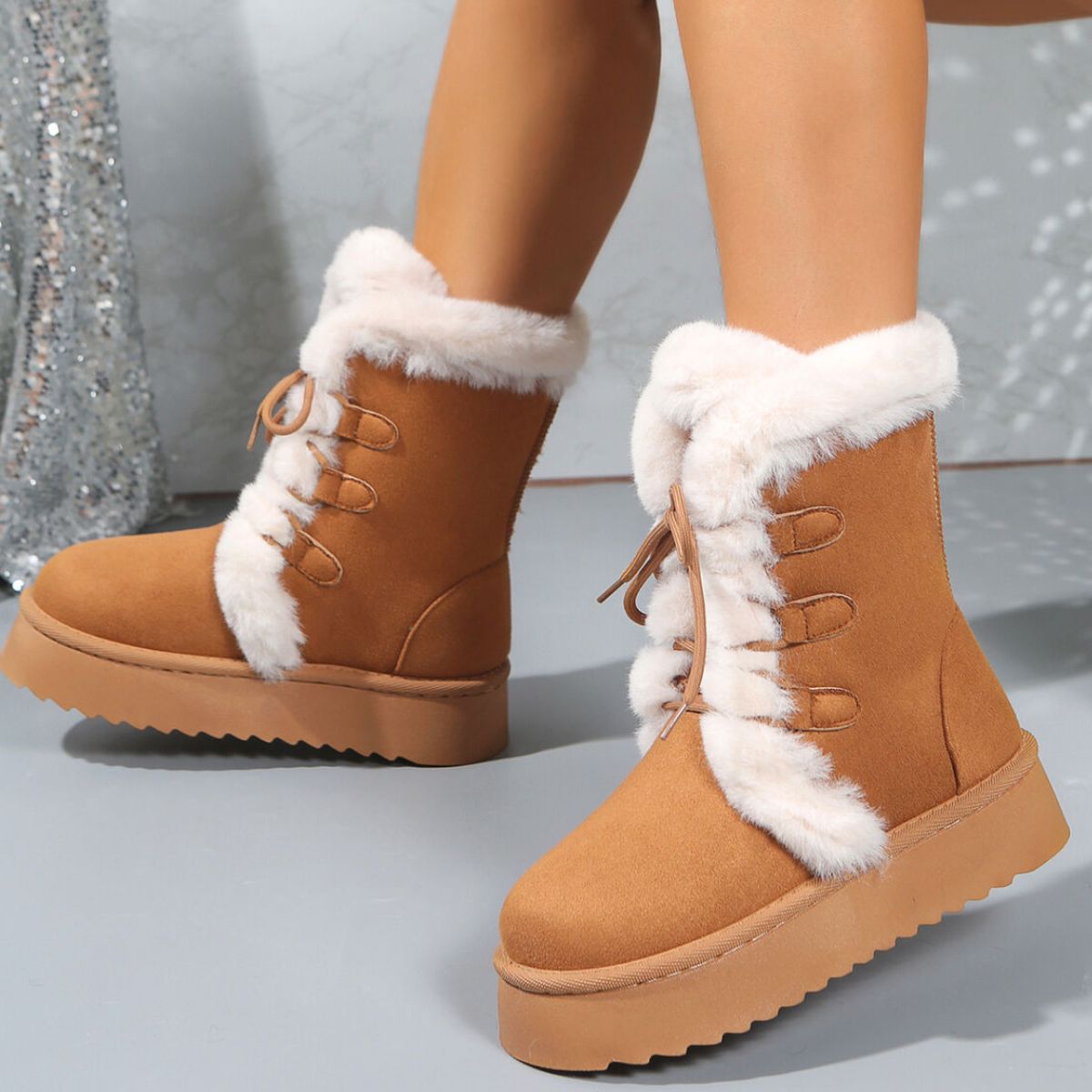 Fuzzy Trim Lace-Up Platform Boots