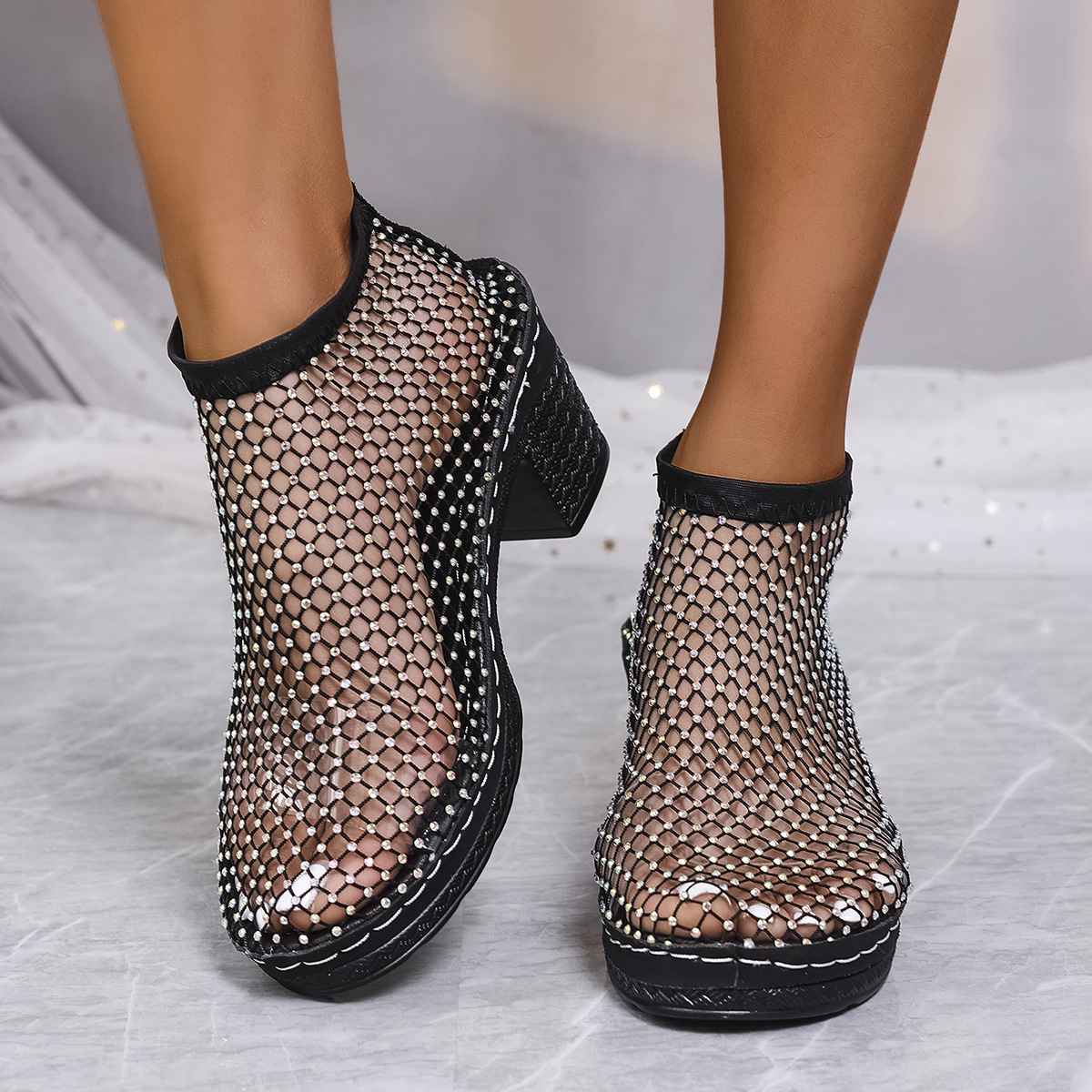 Rhinestone Block Heel Sandals