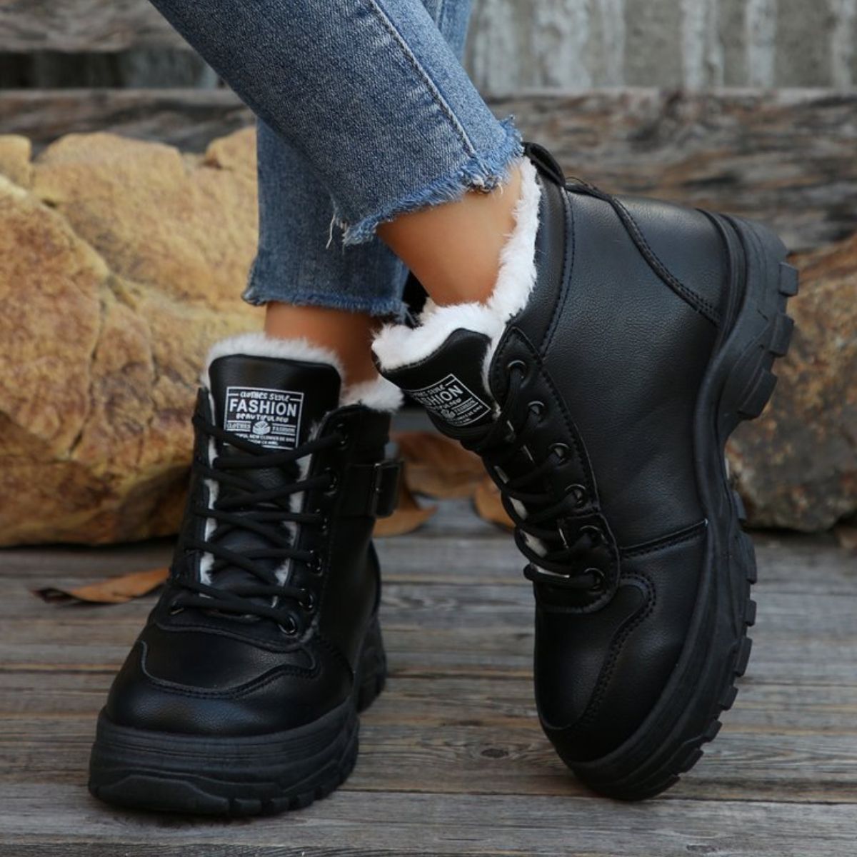 Warm Lined Ankle Boots with Buckle Detail