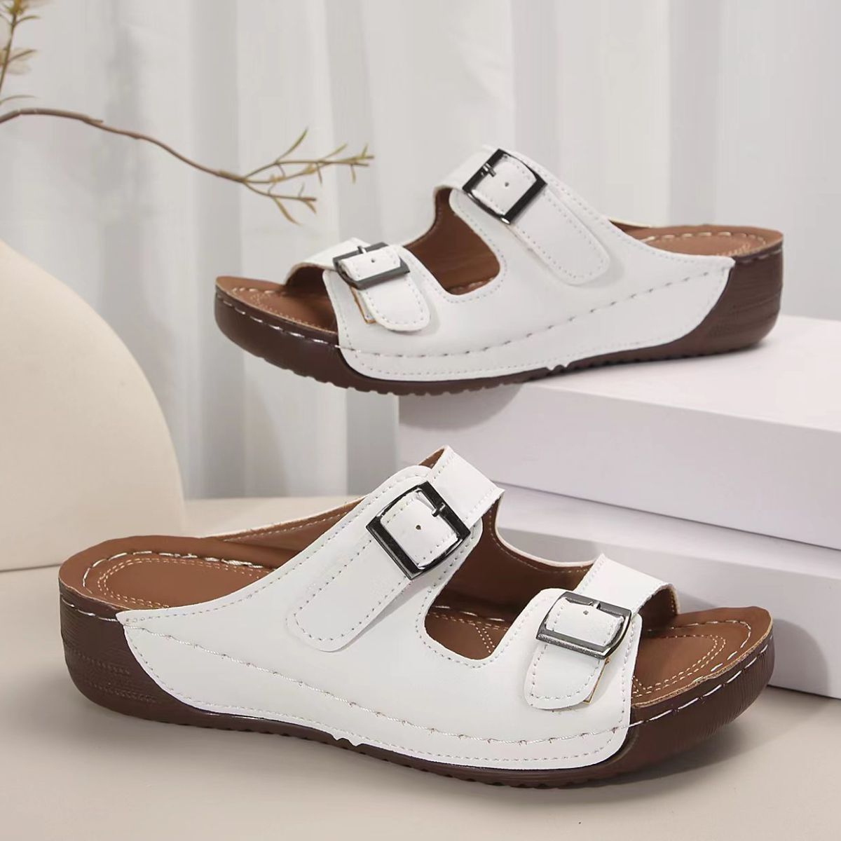 Double Buckle Wedge Sandals
